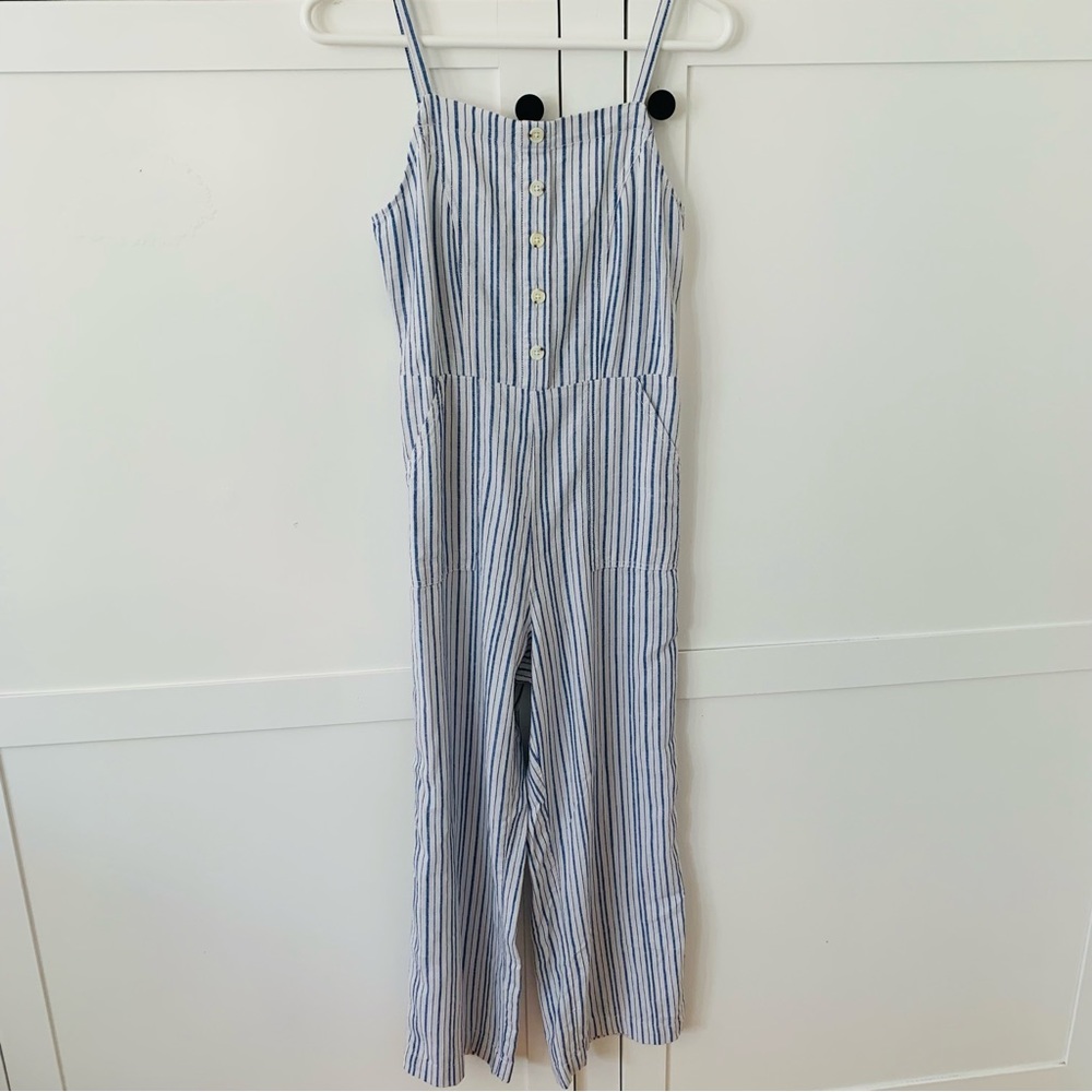 Old Navy Button Front Linen Blend Blue Stripe Pocket Straight Jumpsuit Size XS